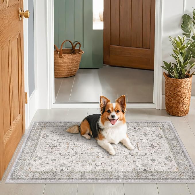 Boho Large 3x4 Bathroom Rug - Washable Low Pile Non-Slip Area Rugs for Entryway, Kitchen, Bedroom Beside Bed, Modern Vintage Neutral Light Gray & Sage Geometric Floral Decor