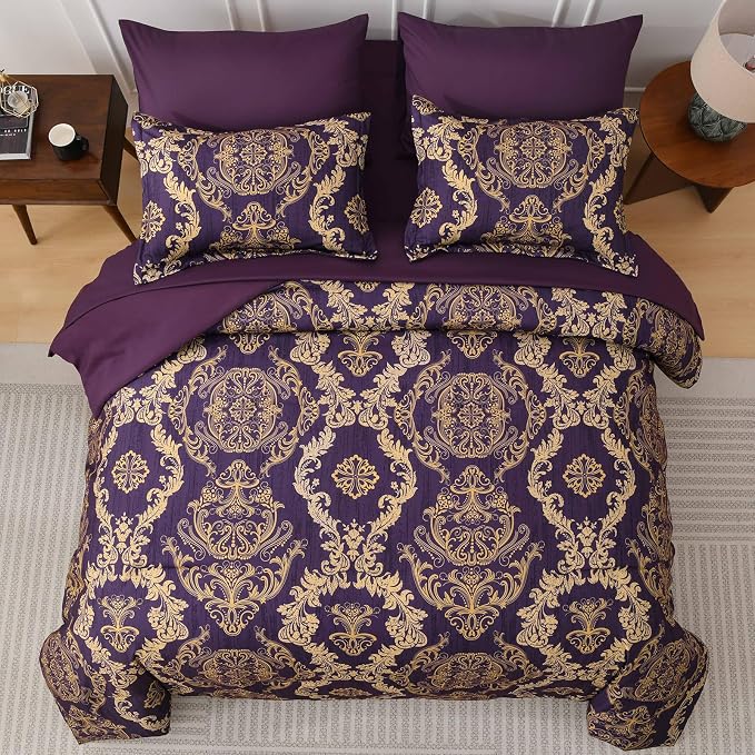 WONGS BEDDING Purple Comforter Set Queen Size,Damask Texture 7 Pieces Bed in a Bag Microfiber Comforter Bedding Sets -1 Comforter, 1 Flat Sheet, 1 Fitted Sheet, 2 Pillow Shams, 2 Pillowcases