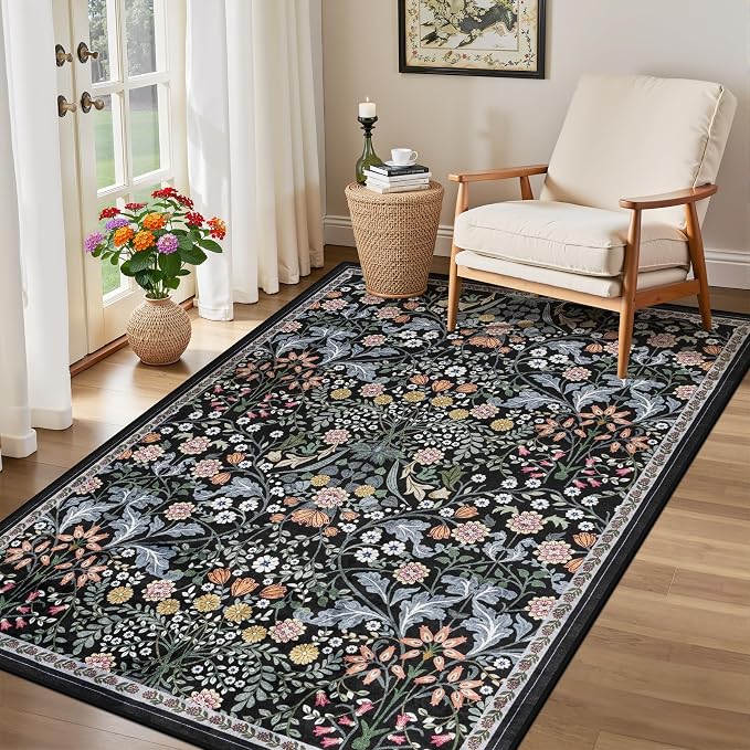 PLHXFR Area Rug Living Room: 3x5 Floral Washable Boho Carpet Dark Black | For Bedroom Dining Room Farmhouse Nursery Hallway,Vintage Floral,Machine washable,Non Slip,Stain Resistant,Large Indoor
