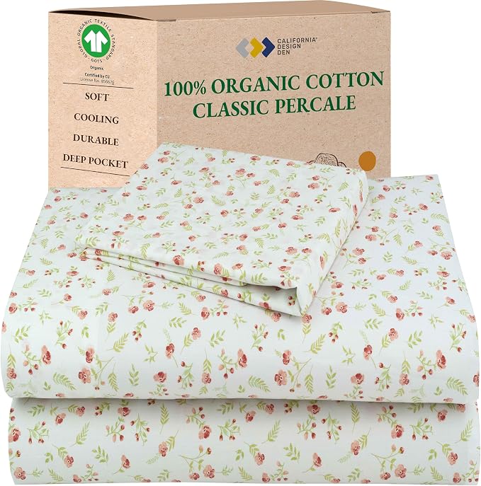California Design Den 100% Organic Cotton Twin Size Bed Sheet Set, 3 Pcs | GOTS Certified, Lightweight Crisp & Airy Percale For Hot Sleepers, All-around Elastic, Easy Care - Floral Print