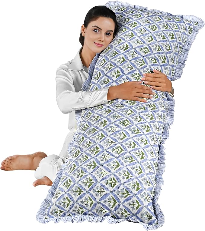 Ridhi Block Print Light Steel Blue Ruffle Lumbar Pillow Shams, 54" x 20" | 100% cotton, Floral Pillowcase, Cushion Cover, Hidden Zipper, Cottagecore Bedding, farmhouse boho style, fits couch, sofa,Bed
