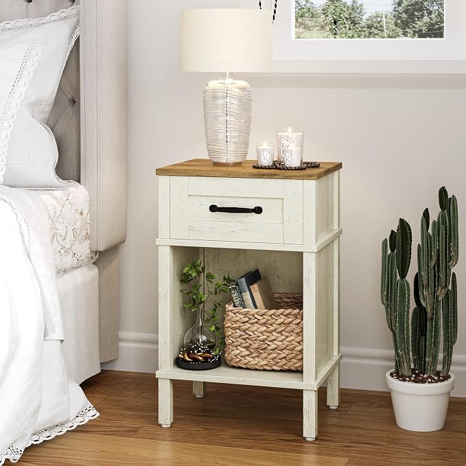 White Farmhouse Nightstands, Nightstand with Drawers, Small Bedside Table | Modern Bedroom Nightstand, Farmhouse End Table,White Wood Night Stand,Side Table Bedroom,End Table with Storage LET512WR