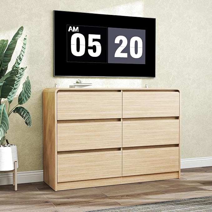 Vibe & Dine 6 Drawer Dresser, Modern Wooden Dressers & Chests of Drawers with Arc Edge Design, 47" Wide Dresser for Closet, Entryway, Bedroom, Natural Wood