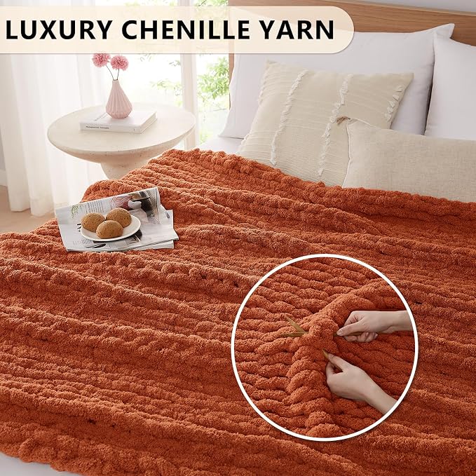 L'AGRATY Chunky Knit Throw Blanket for Couch, 72 x 84 Inches, Rusty Orange | Handmade Chenille Crochet Blanket for Sofa Bed, Thick Cable Knitted Blankets for Room Home Decor, Birthday Gift for Women Mom