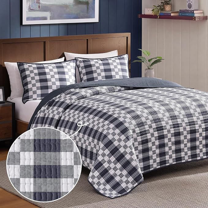 King Quilt-Lightweight Bedspread Plaid Quilt King Size Quilt Bedding Set | Navy Reversible Neutral Coverlet with 2 Shams for All Seasons, Suitable for Bed, Couch, 3 Pieces, 106"x94"