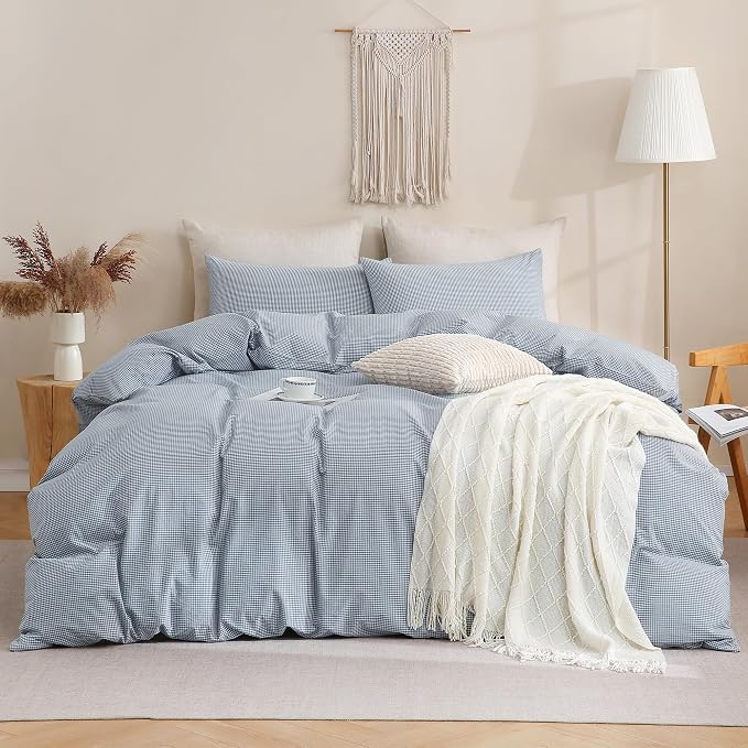 TOCOMOA Mini Gingham Blue Duvet Cover Set Washed Cotton Like Linen, Queen | 100% Washed Cotton Linen-Like Feel Soft, Breathable & Comfy. Lightweight Bedding Set with Zipper & 8 Ties. 3 Pcs, No Insert
