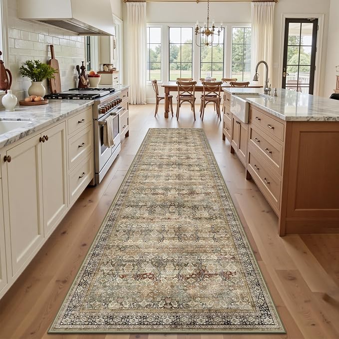 2x8 Hallway Runner Rug, Washable Vintage Retro Long Runner Rugs for Kitchen Laundry, Soft Ultra Thin Non Slip Low Pile Traditional Distressed Boho Carpet for Bedroom Bathroom, Charcoal Olive