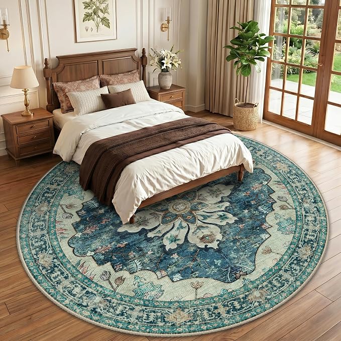 RELEANY Washable Area Rug, Round 10ft, Blue/Vintage Dark Blue | Non-Slip, Water Repellent, Pet Friendly, Easy to Clean, Vintage Floral Boho Decor for Living Room Bedroom Dining Room