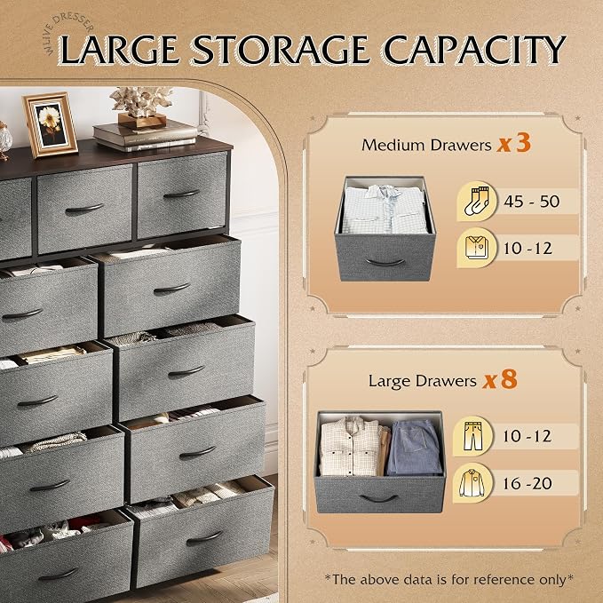 WLIVE Tall Dresser for Bedroom, 11 Drawer Chest of Drawers, Dark Grey | 11 fabric storage drawers, Tall high-capacity design, Bedroom or dorm use, Sturdy steel frame, Smooth wood tabletop