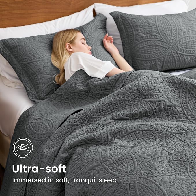 Love's cabin Quilts for Queen Bed Dark Grey Bedspreads Bedding Set - Lightweight Bedspread Comforter - Coin Pattern Bedding Coverlet for All Season - 3 Pieces (1 Quilt, 2 Pillow Shams)