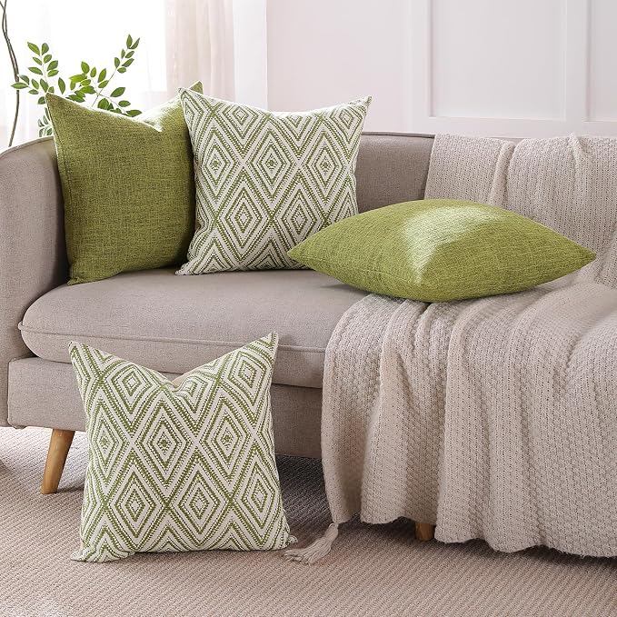 HPUK Throw Pillow Covers 20x20, 4 Pack, Green Textured Couch Pillow Covers | Polyester fabric, patterned and solid designs, hidden zippers, machine washable, for sofas and beds, inserts not included