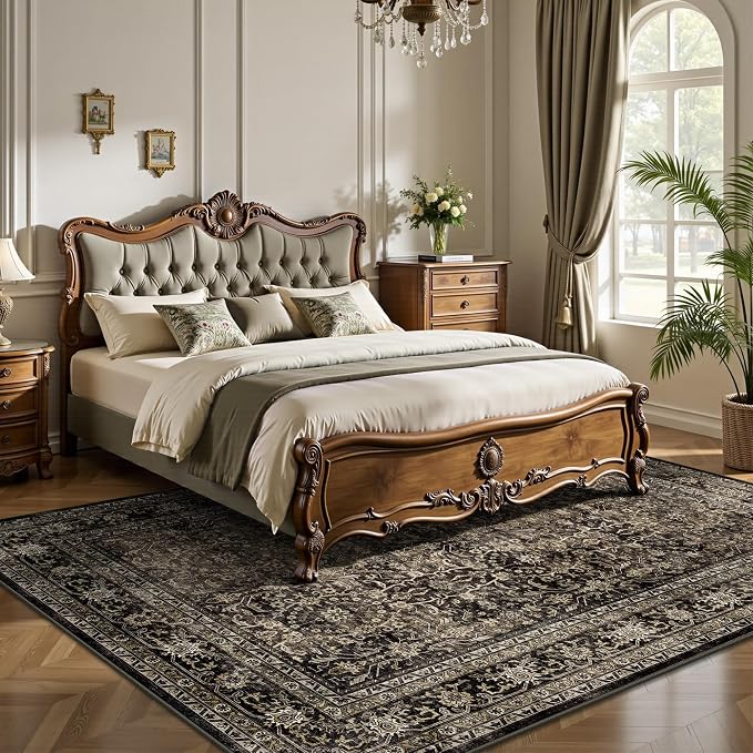 5x7 Area Rugs - Washable Vintage Retro Living Room Rug, Soft Ultra Thin Non Slip Low Pile Traditional Distressed Boho Carpet for Bedroom Dining Room Nursery Home Office, Brown