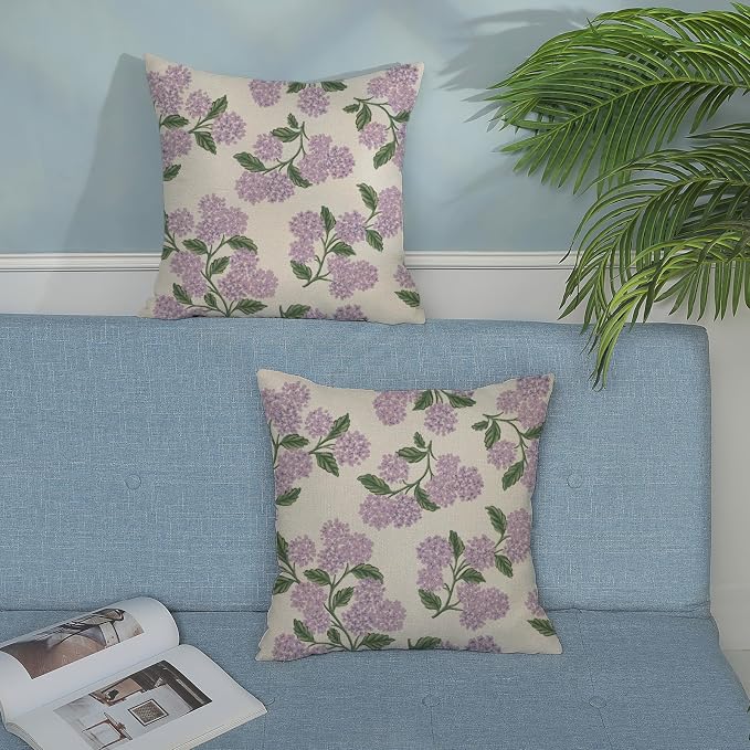 Purple Pink Spring Pillow Covers 16x16 Inch 2 Pcs Green Hydrangea Flower Decor Throw Pillows Vintage Floral Seasonal Summer Outdoor Decoration Pillowcase Linen Cushion Cover for Couch Sofa