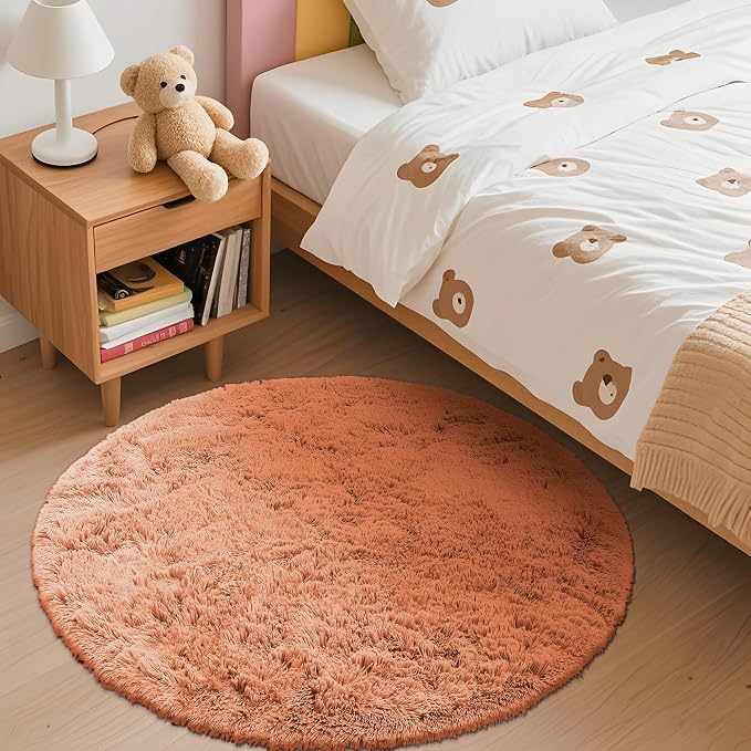 OLANLY Muted Orange Round Rugs for Bedroom - Machine Washable, 5 ft Circle Area Rugs for Living Room, Soft and Fluffy Shaggy Carpet for Teen Girl and Boys, Nursery Rooms, Dorms, Home Decor Aesthetic