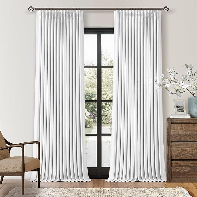 TWODRAPES Snow White Pleated Linen 100% Blackout Curtains 108 Inches Long | Pinch Pleat Back Tab, Linen Drapes with Liner, Black Out Thermal Insulated, Energy Saving Curtain for Living Room Bedroom