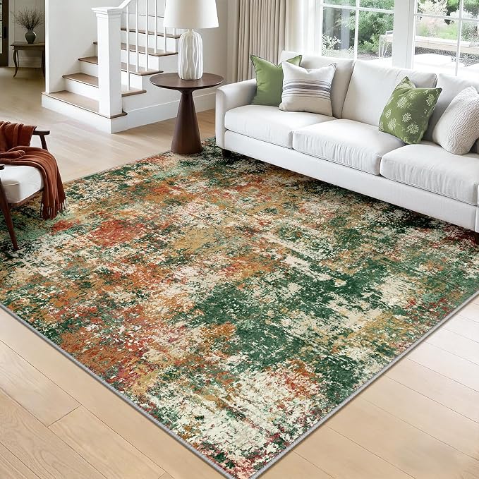 RELEANY Washable Square 8'x8' Area Rug for Living Room Green Multi | Carpet for Bedroom, Kitchen, Office, Hallway and Entryway, Printed Pattern, Non‑Slip, Soft, Stain‑Resistant, Easy to Clean