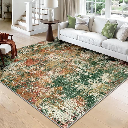 RELEANY Washable Square 8'x8' Area Rug for Living Room Green Multi | Carpet for Bedroom, Kitchen, Office, Hallway and Entryway, Printed Pattern, Non‑Slip, Soft, Stain‑Resistant, Easy to Clean