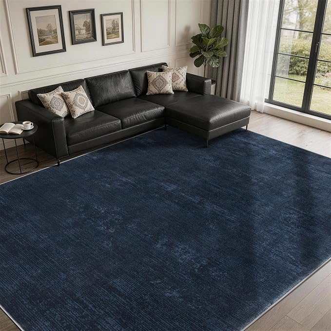 3x5 Washable Area Rug, Navy Blue Solid Area Rugs for Living Room & Bedroom | Stain-resistant & Non-slip backing,Low Pile Washable Large Carpet, Solid Vintage Style For High Traffic Areas(3x5,Navy Blue)