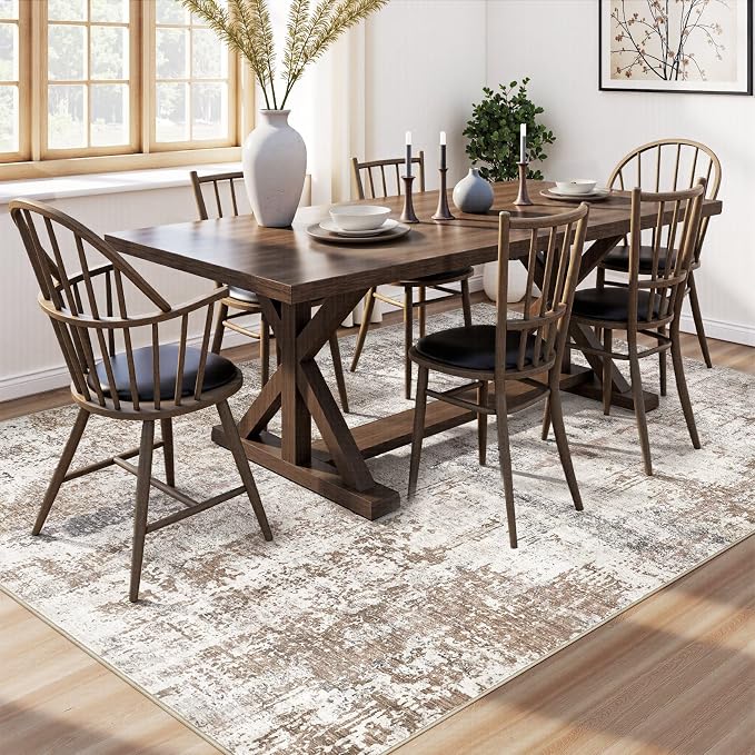 UERMEI 10x12 Washable Area Rug - Neutral Modern Abstract Living Room Rugs, Non-Slip Soft Large Indoor Floor Carpet for Bedroom Home Office & Under Dining Table Decor, Brown/Grey/Red
