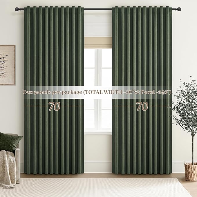 Dark Olive Green Curtains 70 Inch Length Extra Wide Pleated Black Out 102 Inch Long for Living Room, Linen Thick Sliding Glass Door Heavy Duty Insulated Large Window Drapes (70"Wx102"Lx 2Panels Loden)