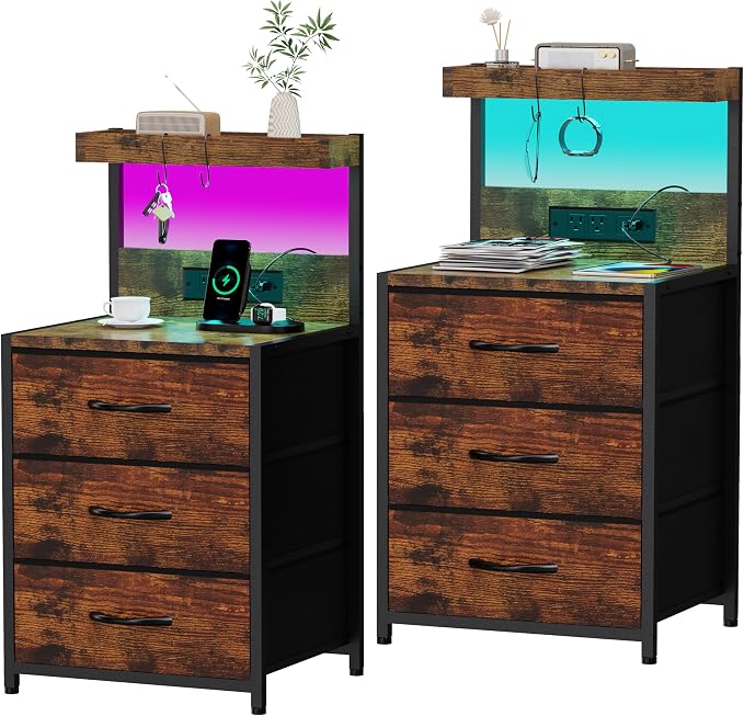 SZLHANJZ Nightstands Set of 2, LED Light and Charging Station, 3 Drawers | Spacious Fabric Drawers End Table, Storage Night Stand with Hooks, Tall Bed Side Table for Bedroom Dorm, Rustic Brown