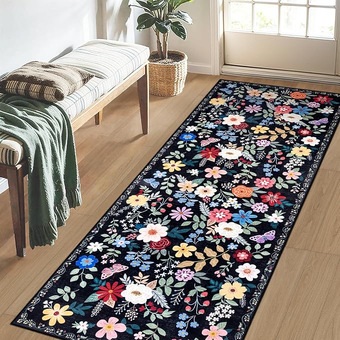 PLHXFR 2x5 Washable Runner Rug：Floral Indoor Kitchen Soft Carpet Black | For Hallway Bedroom Kitchen Laundry Bathroom Dorm,Vintage Floral,Machine washable,Non Slip,Stain Resistant,Indoor Floor