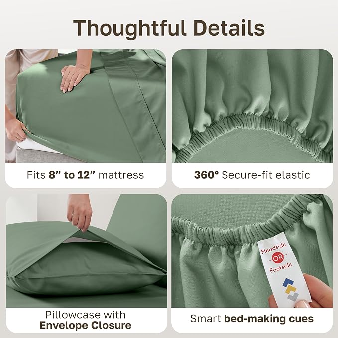 Soft Natural 100% Cotton Sateen Twin Size Sheet Set, 3 Pc Set, Pine Green | Backed by Good Housekeeping Seal, Light & Breathable For Hot Sleepers, All-Around Elastic, Durable, Easy Care