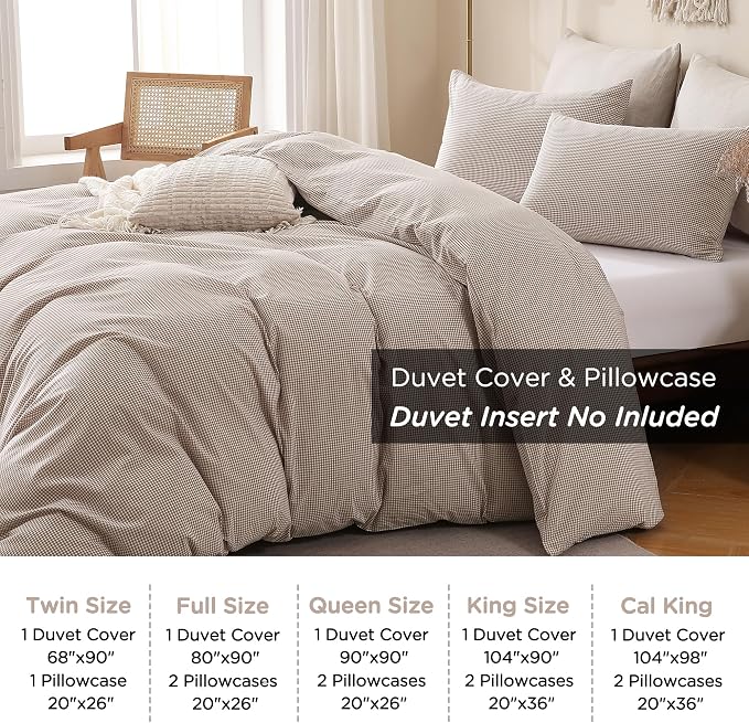 TOCOMOA Mini Gingham Tan Duvet Cover Set Washed Cotton Like Linen, King | 100% Washed Cotton Linen-Like Feel Soft, Breathable & Comfy. Lightweight Bedding Set with Zipper & 8 Ties. 3 Pcs, No Insert
