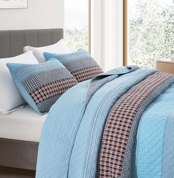 Chezmoi Collection Lincoln 3-Piece Pre-Washed Cotton Patchwork Quilt Set King - Solid Plaid Multi Striped Coverlet Set - Lightweight Reversible Bedspread Bedding Set King Size