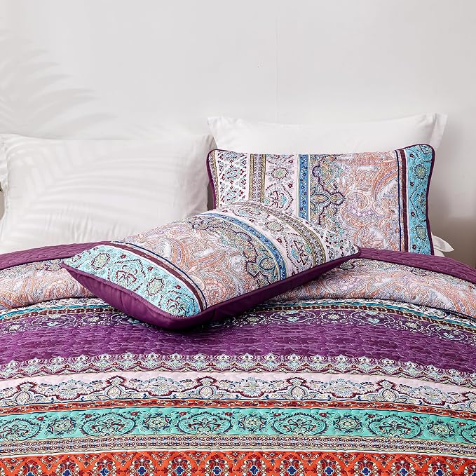 WONGS BEDDING Purple Quilt King Size, Boho Stripe Bedding Set, 104"x90" | Lightweight Soft Bedspread Coverlet,Modern Style Bohemian Pattern Bed Cover for All Seasons,3 Piece(1 Quilt,2 Pillow Shams)