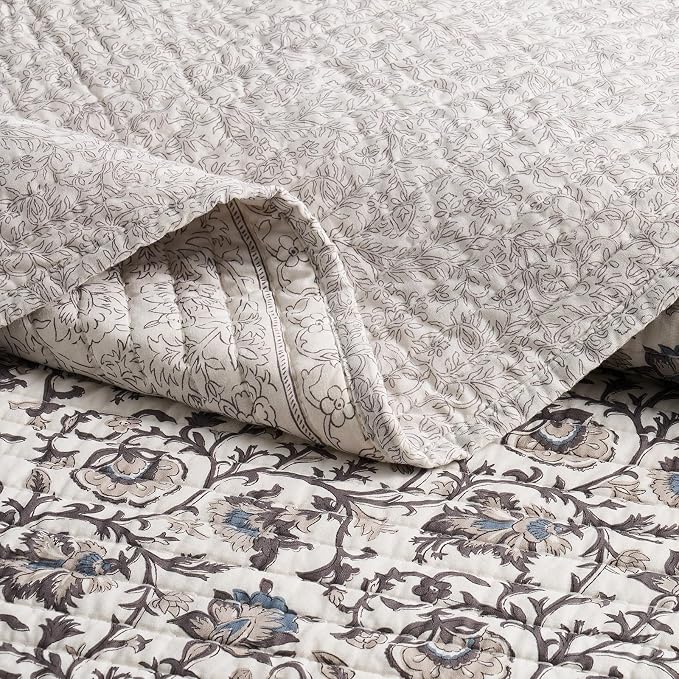 EverGrace 100% Cotton Floral Quilt Set, King Size, Farmhouse Taupe 110"×92" | Reversible Lightweight Bedspread Coverlet, Vintage Floral Farmhouse Bedding, Traditional Botanical Quilt with 2 Pillow Shams