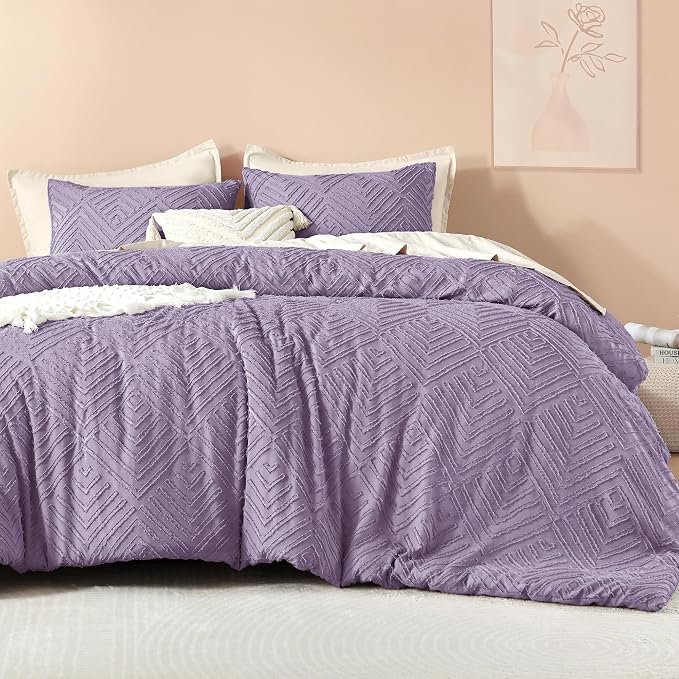 Litanika Queen Size Comforter Set, 3 Pieces Tufted Boho Bedding Set | Grayish Purple Farmhouse Shabby Chic Vintage Bohemian Textured Aesthetic Soft Fluffy Breathable All Season Bed Set
