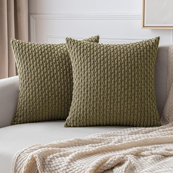 MIULEE Decorative Throw Pillow Covers 20x20 Olive Green Textured Corduroy | Pack of 2 Striped Pillow Covers Modern Farmhouse Coastal Home Decor for Couch Bed Sofa Living Room