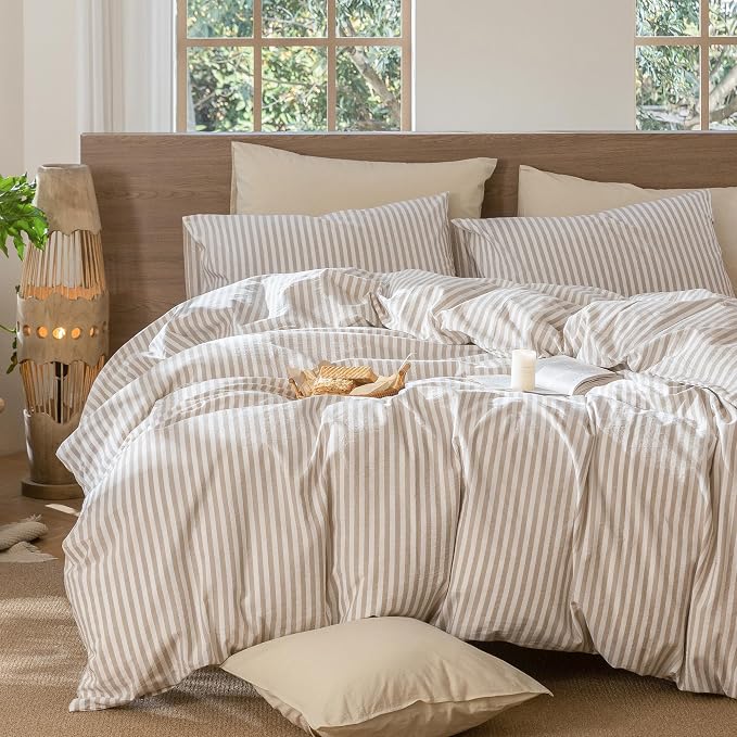 MooMee Striped Duvet Cover Set 100% Washed Cotton Linen Like Super King | Relaxed Linen-like Texture. Soft, Breathable & Long-lasting Comfort. Lightweight. Hidden Zipper with 8 Interior Corner Ties