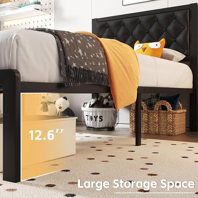 Fluest Twin Bed Frame with Headboard PU Leather Upholstered Bed Frame Platform,All Metal Slats Support Platform Bed Frame with Storage Space,Easy Assembly,Noise Free,No Box Spring Needed,Black