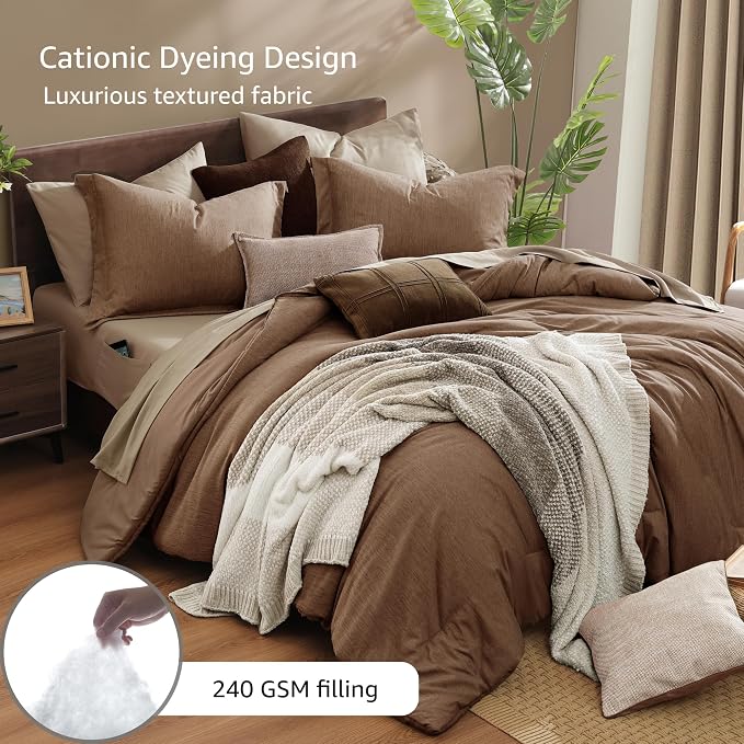 Monbix Queen Comforter Set 7 Pieces Brown Cationic Dyeing Bed in a Bag | Lightweight Reversible All Season Bedding Sets with Comforter, Sheets, Pillowcases & Shams
