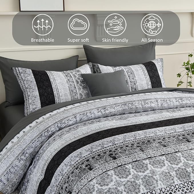 Cottolester Boho King Size Comforter Set 8 Pieces,Gray Bohemian Striped Bed in a Bag,Floral Soft Microfiber Bedding Comforter Set