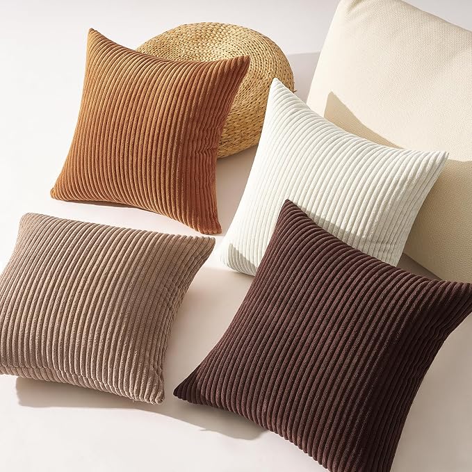 Topfinel Rustic Throw Pillow Covers 18x18 Inch Set of 4 Soft Farmhouse Corduroy Striped Decorative Cushion Cover Gold Brown Gradient Fall Pillow Case for Sofa Couch Living Room Bedroom