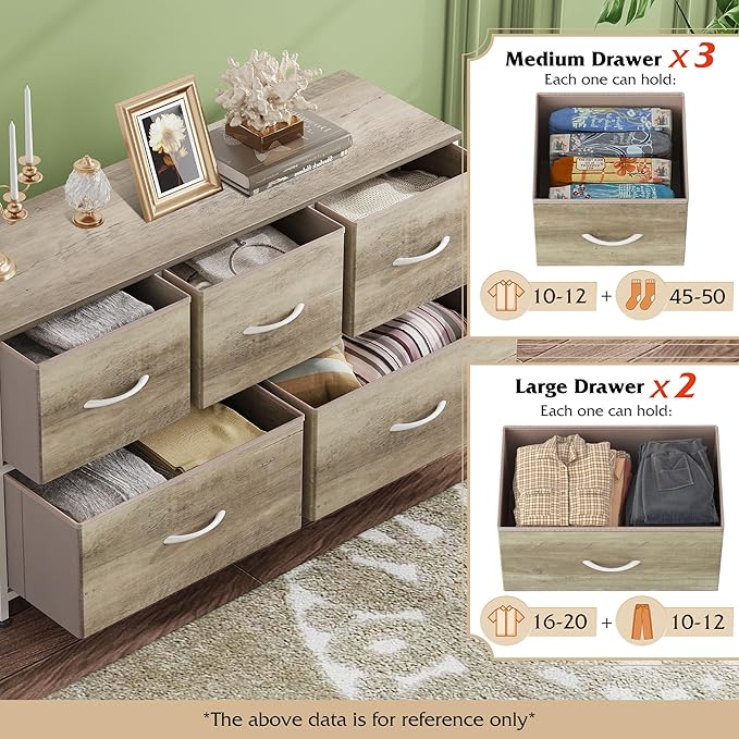 WLIVE Wide Dresser for Bedroom, 5 Drawer Chest of Drawers, Greige | 5 roomy fabric drawers, Wide storage design, Bedroom or closet use, Sturdy steel frame, Smooth wood tabletop