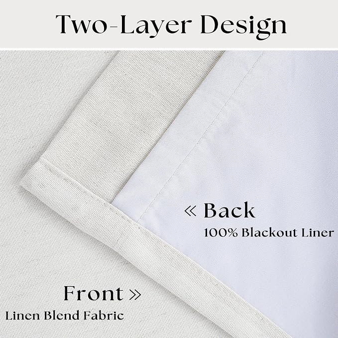 Beige White Pinch Pleated 100% Blackout Linen Curtains W60xL102 1 Panel | Black Out with Liner, Memory Trained, Pinch Pleat with Back Tab, Energy Efficient, Thermal Insulated Window Drapes 1 Panel