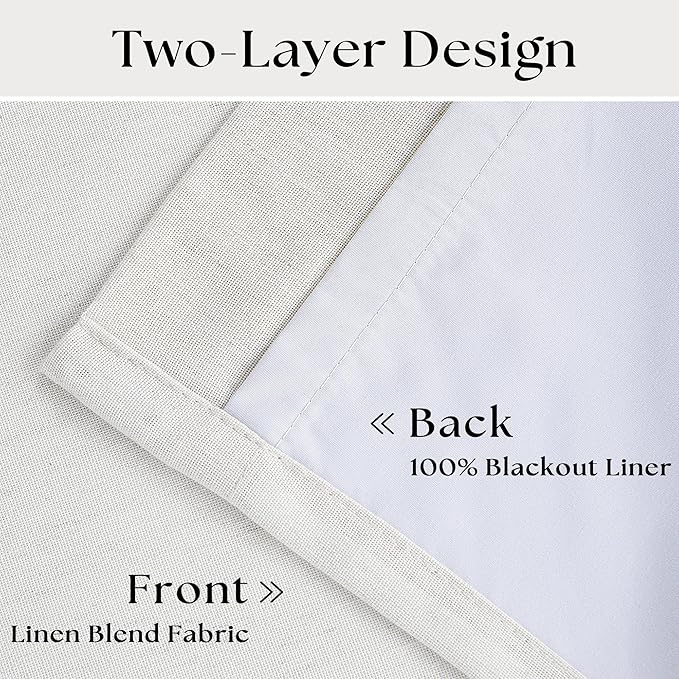 Linen Blackout Curtains 108 Inch Long 2 Panels Pinch Pleated Beige White | with Hooks Rings, 100% Black Out Noise Reducing, Heavy Duty Flax Linen, Ceiling Floor, for Living Room Office Bedroom 40x108