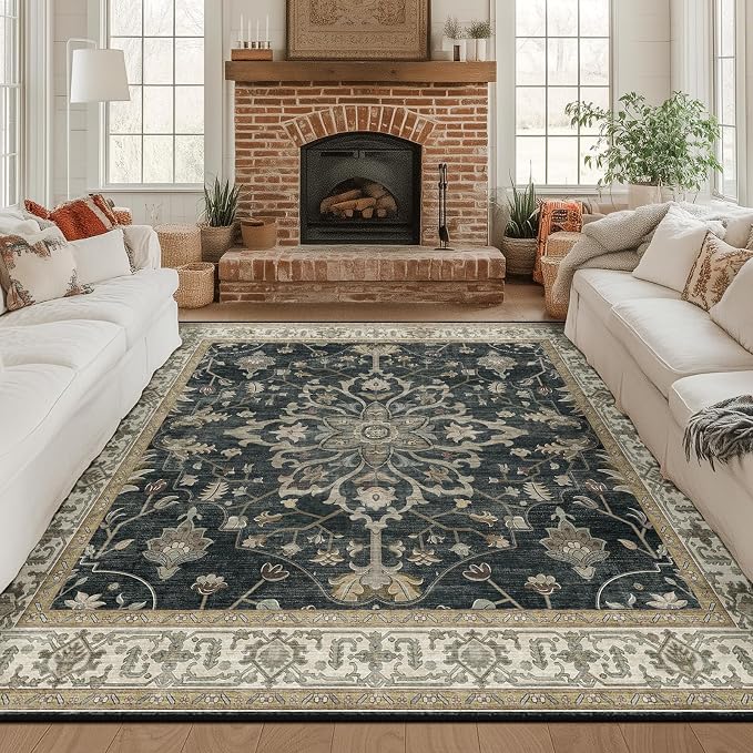 RELEANY Washable Area Rug, Square 8'x8', Black/Vintage/Beige | Non-Slip, Water Repellent, Pet Friendly, Easy to Clean, Vintage Floral Boho Decor for Living Room Bedroom Dining Room Office