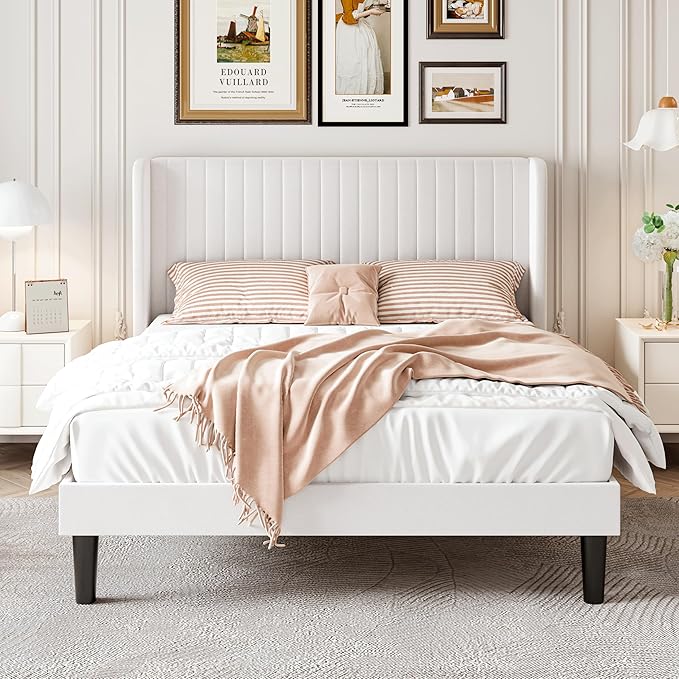SHA CERLIN Full Size Velvet Bed Frame, Tufted Wingback Headboard, White | 47'' Modern Vertical Channel Headboard, Upholstered Platform Bed, Wood Slats, No Box Spring Needed, Easy Assembly, Noise Free