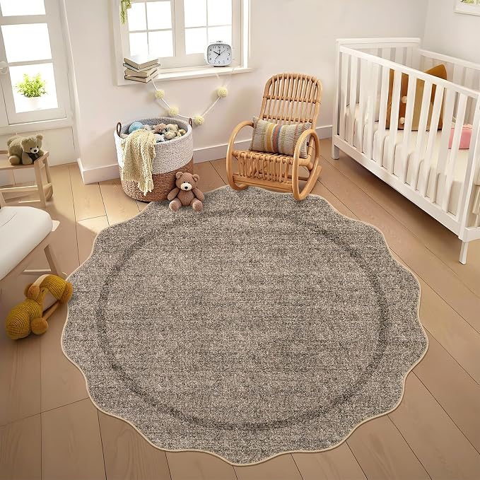 GarveeHome Scalloped Round Area Rugs Washable Small Round Rug 3ft Non-Slip | Soft Boho Ultra-Thin Circle Low Pile Stain Resistant Carpet for Bedroom Entryway Kitchen Laundry Bathroom