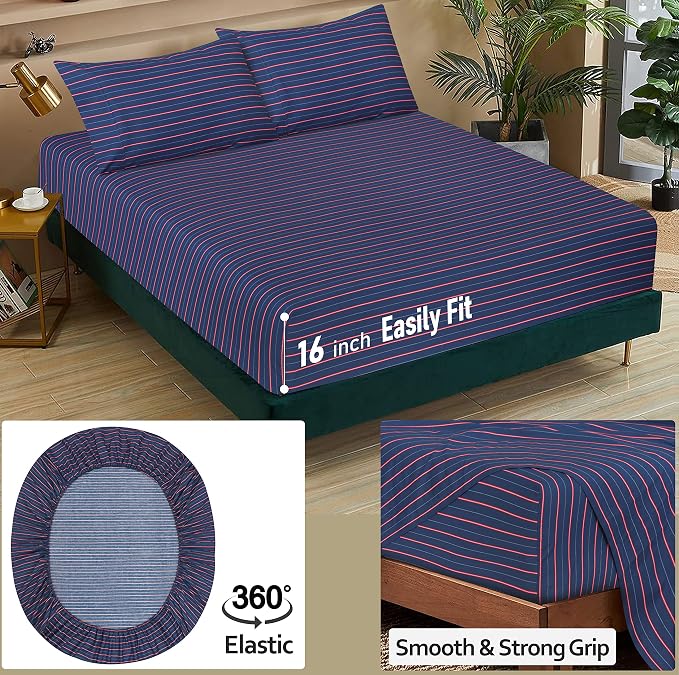 RUVANTI 100% Cotton Percale Sheets Queen Size, Nautical | Crisp Cooling, Deep Pocket 16", Soft Breathable & Durable, Hotel-Style, 4 Piece Set