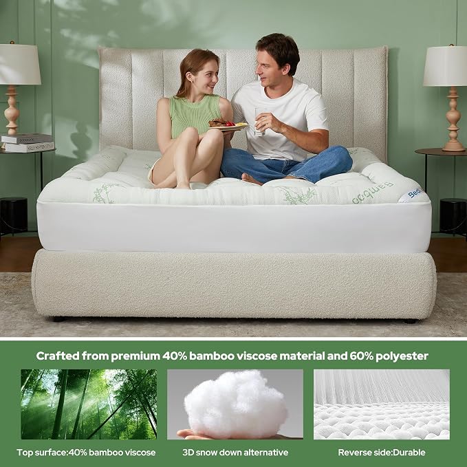 BEDLORE Twin Mattress Topper Viscose Bamboo, Thick Pillow Top Mattress Pad | Stretchable Pockets Fit 6"-15" Mattress, Soft Breathable Mattress Topper for Back Pain Relief and Hot Sleepers(Green)