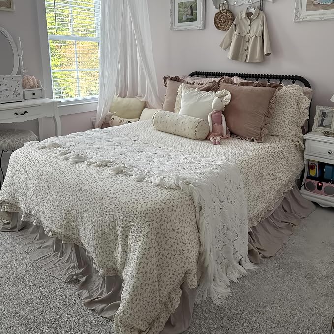 Vintage Floral Design Kids Duvet Cover Twin Cottage Camellia Print Comforter Cover with Ruffles Soft Muslin Cotton Quilt Cover for Girls Boys, Zipper & Corner Ties, No Pillowcase