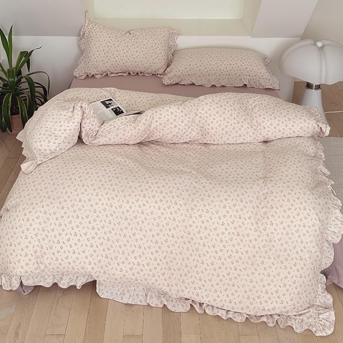 Pink Floral Duvet Cover Full Bedding Duvet Covers for Girls Kids Teens Soft Breathable Cotton Comforter Cover 79"x90" Shabby Chic Ruffles Quilt Cover, No Duvet/Comforter