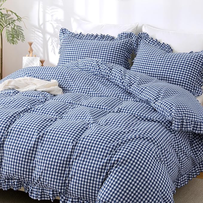 ATsense Navy Blue Gingham Ruffle Duvet Cover Set Cotton Like Linen, Queen | 100% Washed Cotton Linen-Like Feel Soft, Breathable & Comfy. Farmhouse Bedding Set with Zipper & 8 Ties. 3 Pcs, No Insert
