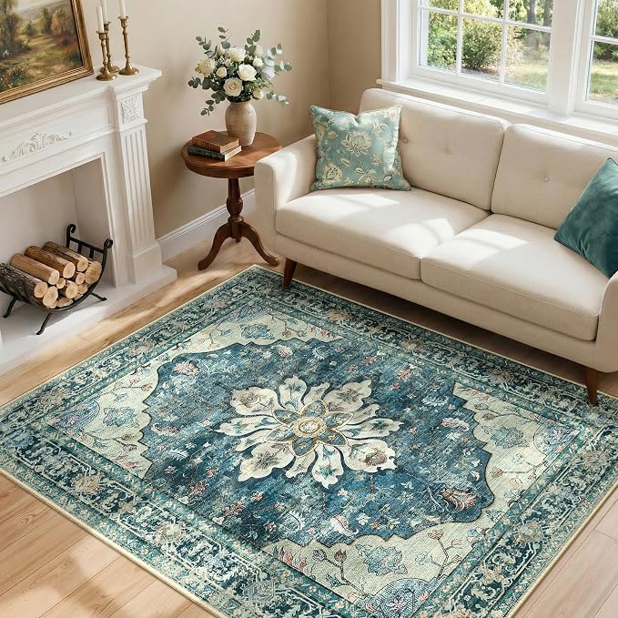 RELEANY Washable Area Rug, 4'x6', Blue/Vintage Dark Blue | Non-Slip, Water Repellent, Pet Friendly, Easy to Clean, Vintage Floral Boho Decor for Living Room Bedroom Kitchen Office